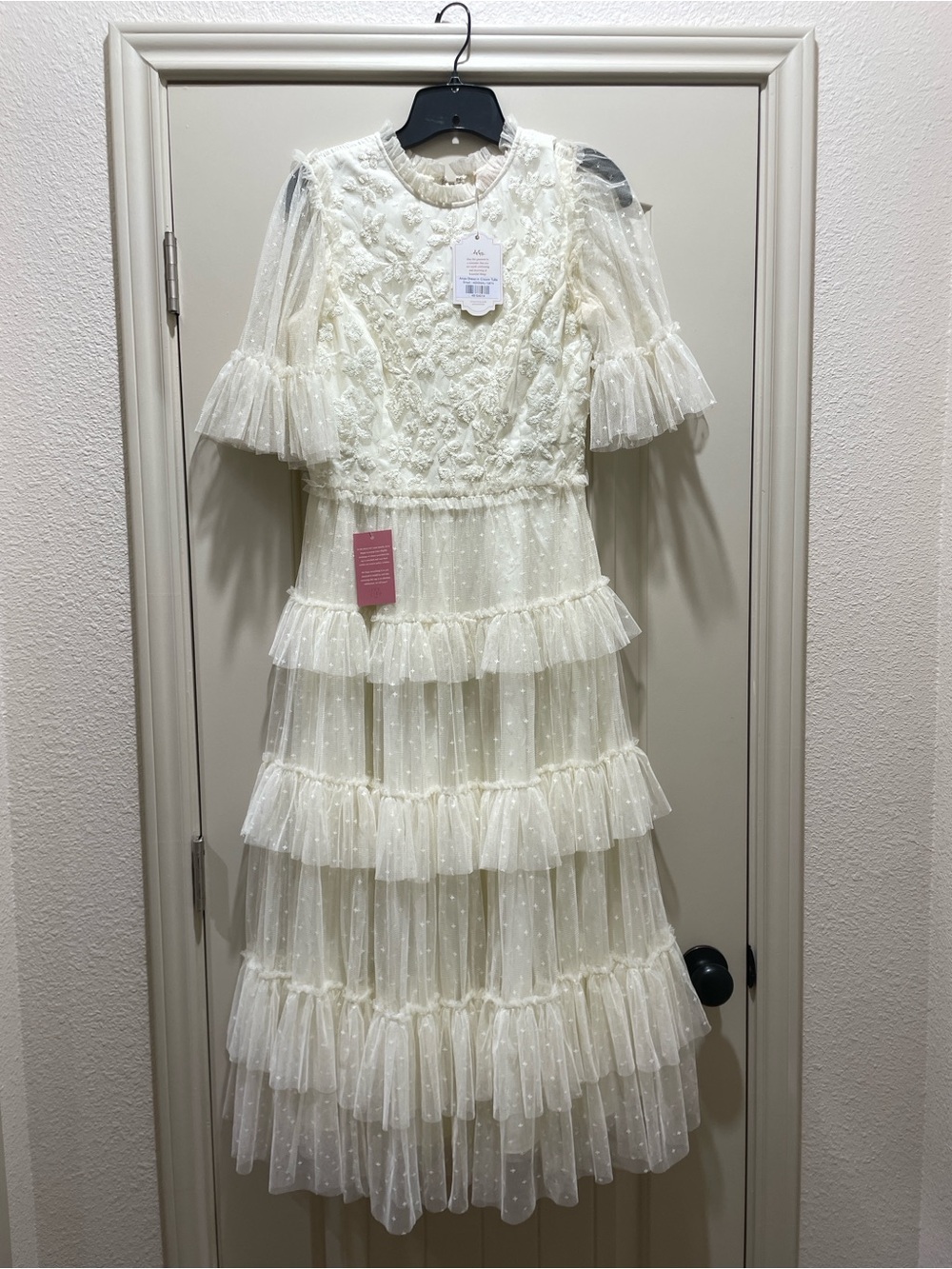 Ivy City Co Anaya/Whimsical Ivory Tiered Ruffle Lace Midi Dress